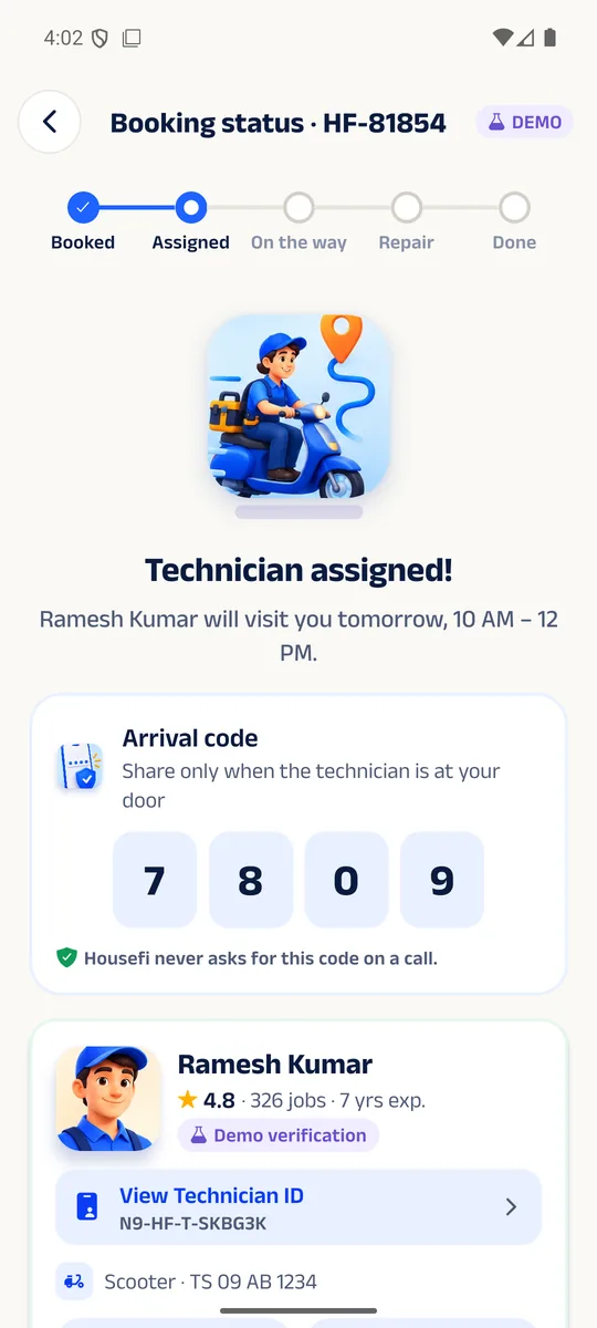 Housefi app: a technician has been assigned to the booking