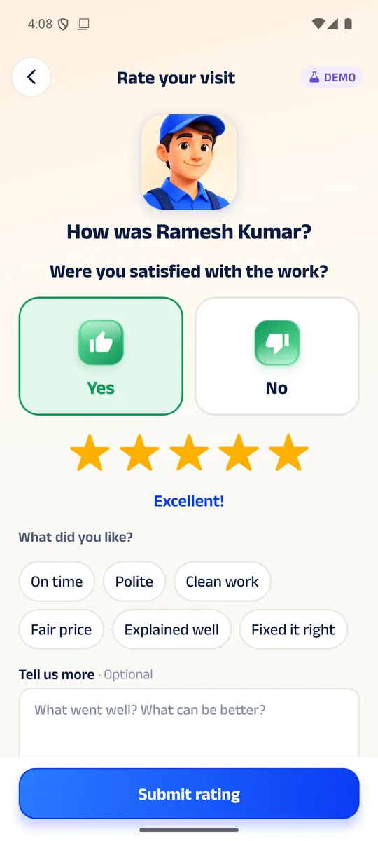 Housefi app screen: Pay and rate